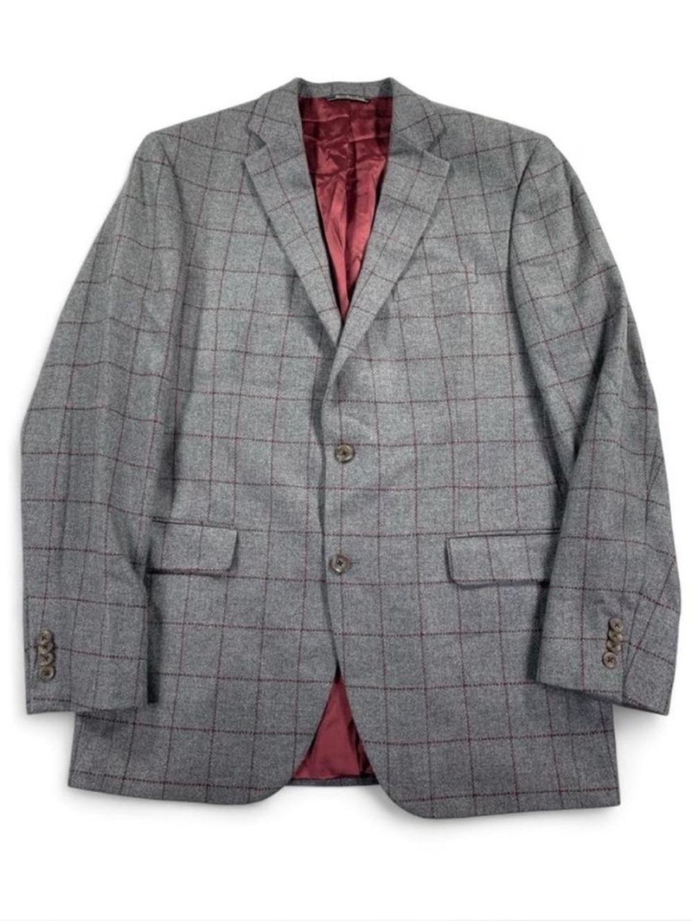Jack Victor Wool and Cashmere Grey and Burgundy Windowpane Men's Blazer Size 42L